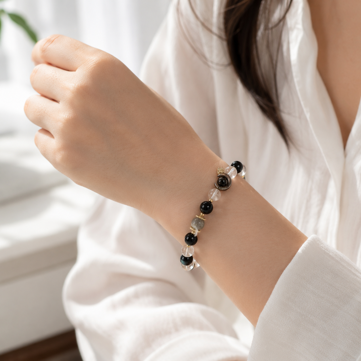 Black Obsidian & Clear Quartz Bracelet – Protection & Clarity