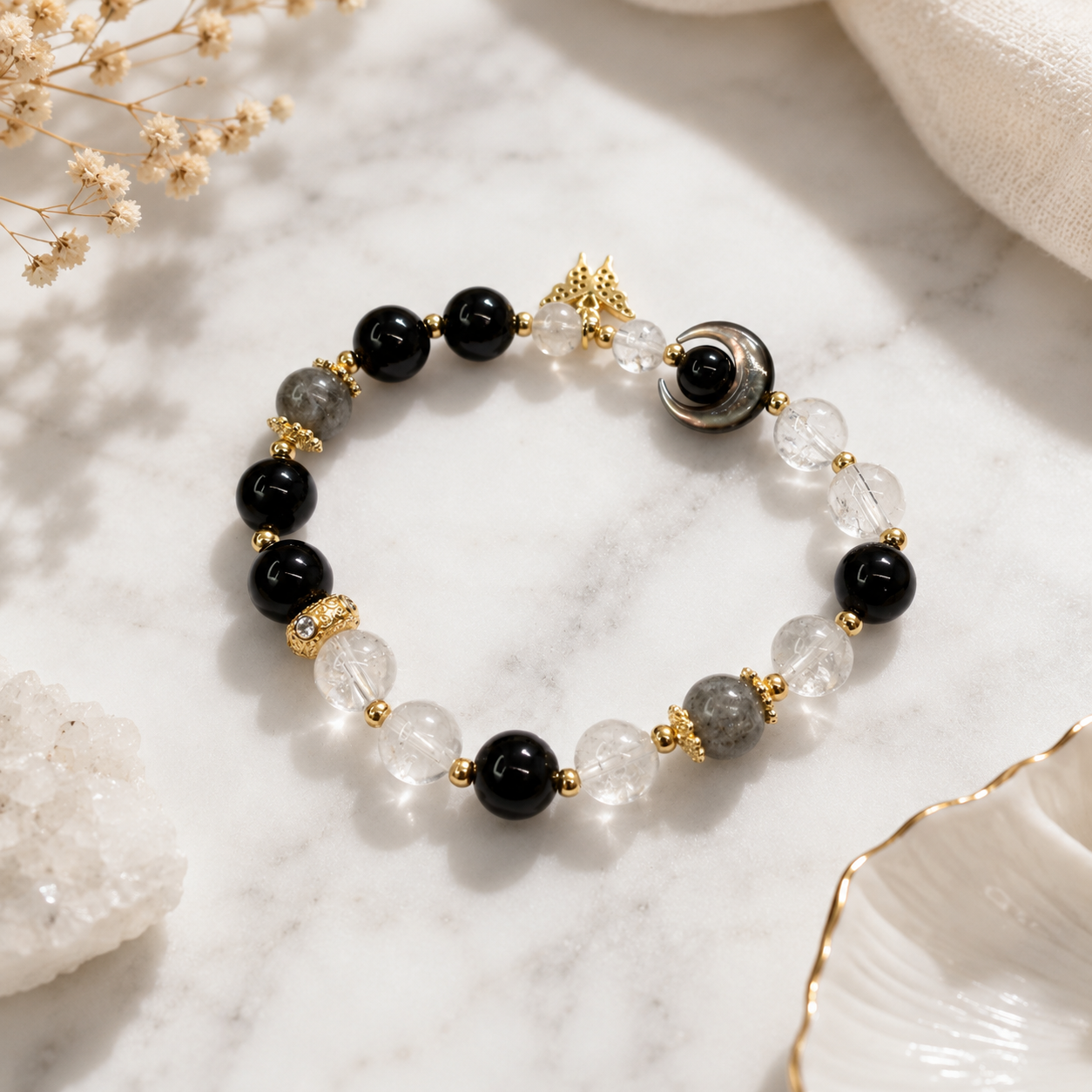 Black Obsidian & Clear Quartz Bracelet – Protection & Clarity