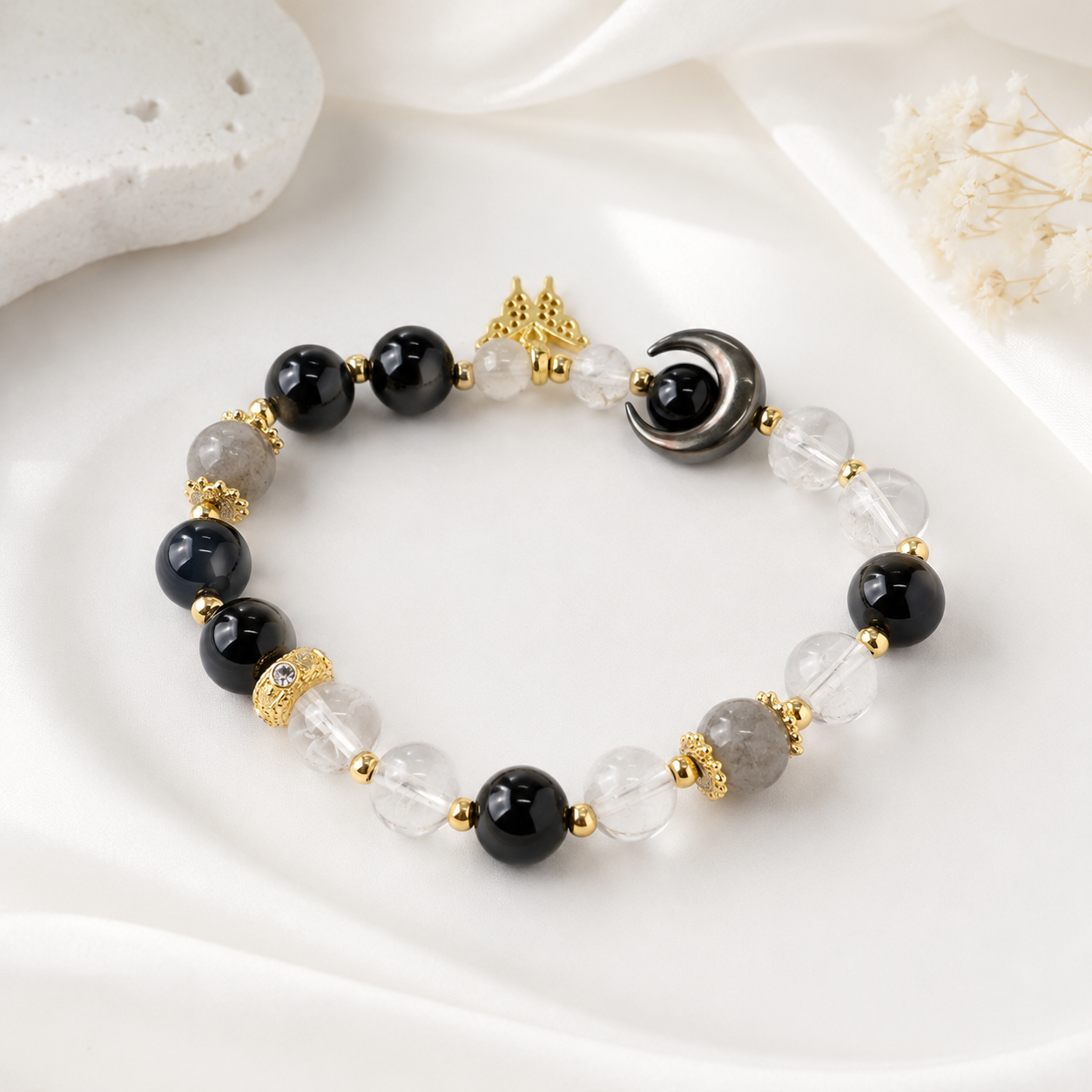 Black Obsidian & Clear Quartz Bracelet – Protection & Clarity